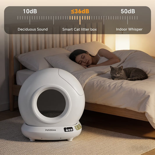 PetitRinu self-cleaning cat litter box operating quietly at ≤36dB next to a sleeping person and cat