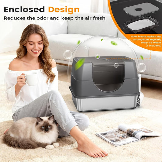 Stainless steel enclosed cat litter box with carbon filter odor control