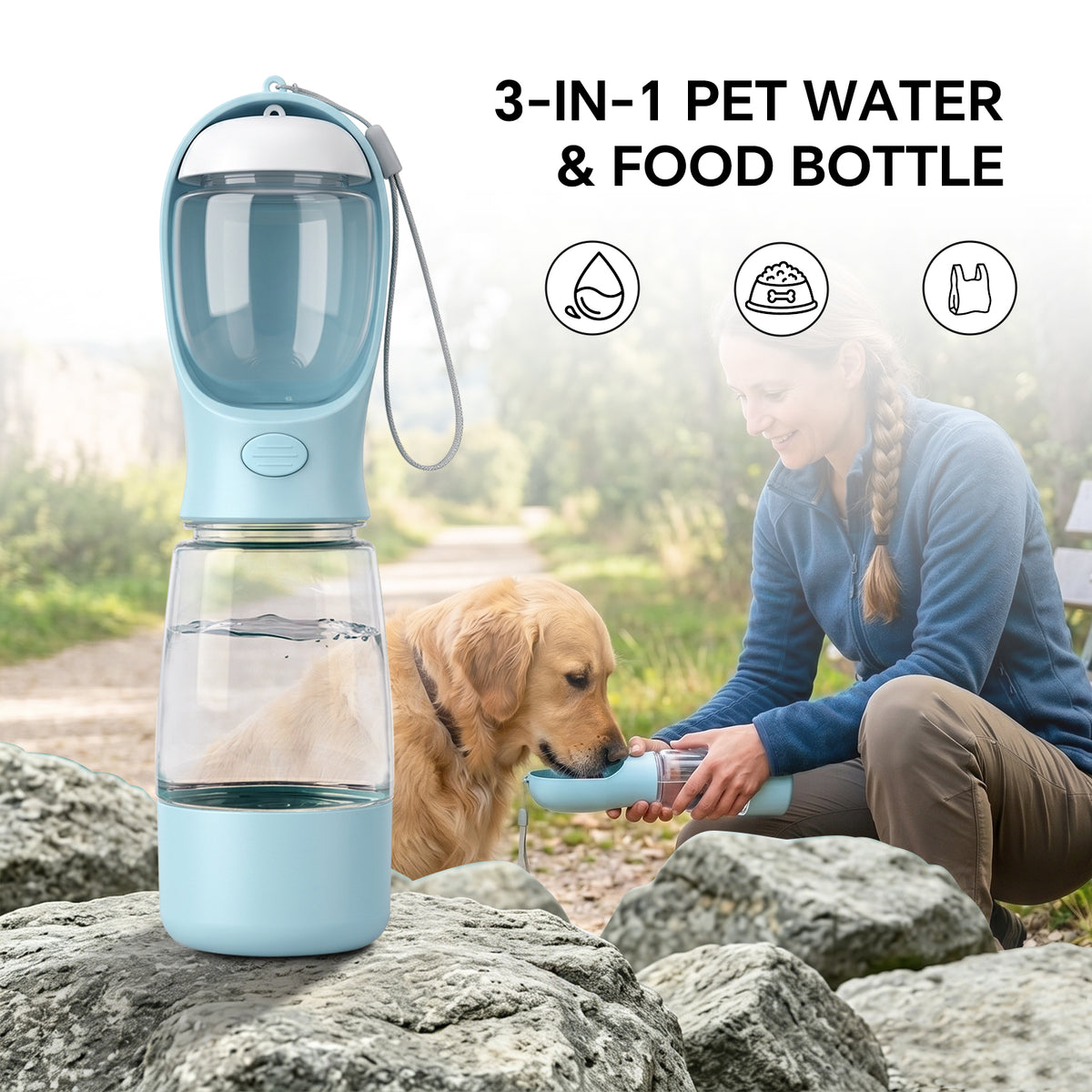 3-in-1 Dog Portable Water & Food Bottle, Outdoor Travel Pet Drinking Cup, Detachable Cleanable Puppy Water Dispenser, Bonus Waste Bags