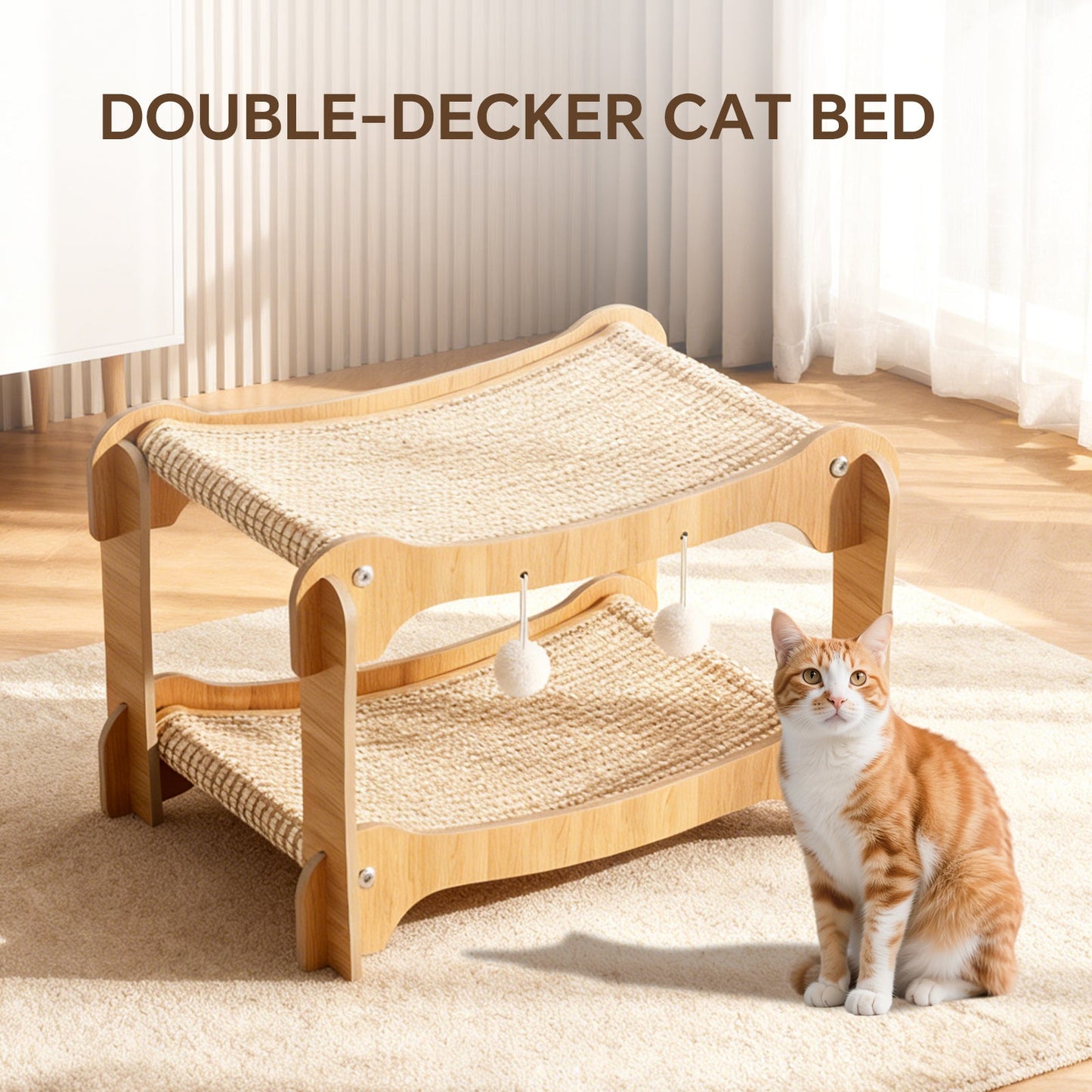 Double-Decker Wooden Sisal Cat Scratcher Bed & Hammock