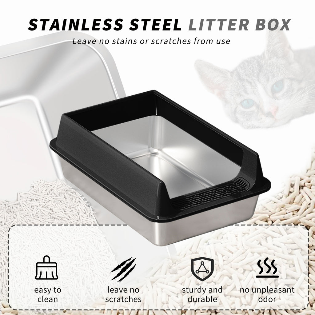 Stainless Steel Cat Litter Box with Semi-Enclosed High Sides, Anti-Splash & Odor Control, Easy Clean – Includes Free Scoop