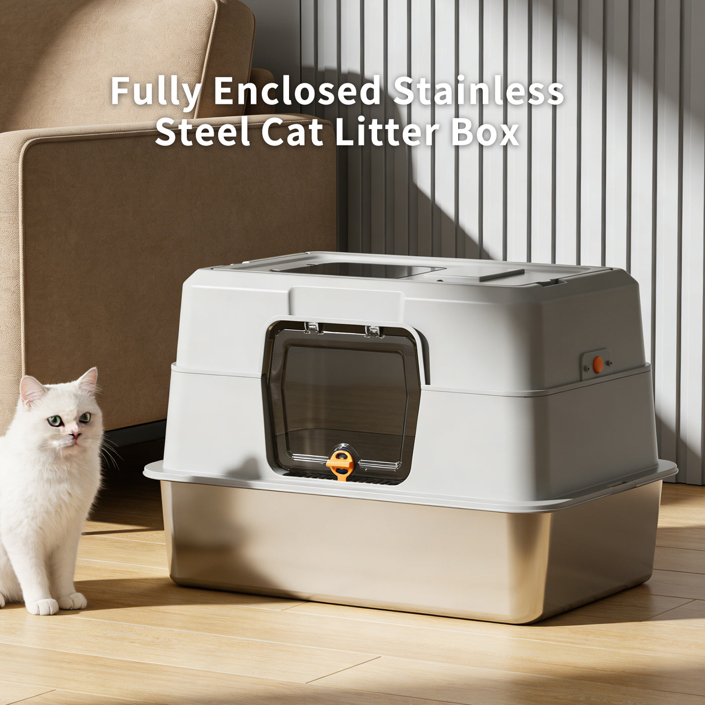 Fully Enclosed Stainless Steel Cat Litter Box 23.6in x 15.75in x 15.75in with Front Door & Top Entry