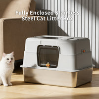 Fully Enclosed Stainless Steel Cat Litter Box 23.6in x 15.75in x 15.75in with Front Door & Top Entry