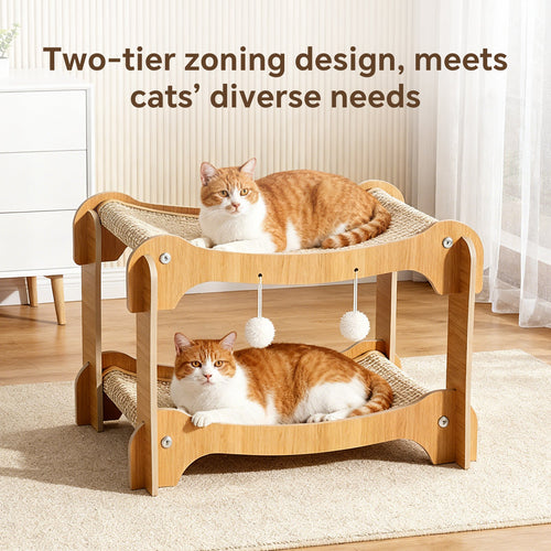 Double-Decker Wooden Sisal Cat Scratcher Bed & Hammock
