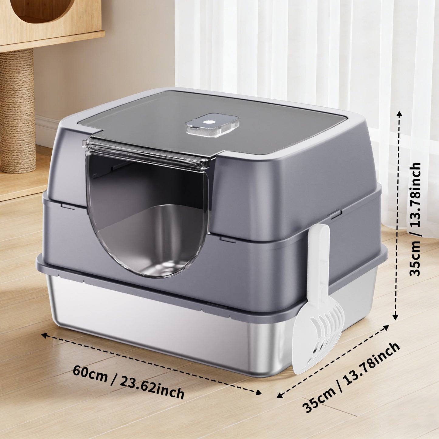 Fully Enclosed Cat Litter Box with Stainless Steel TrayOdor-Locking Detachable Top