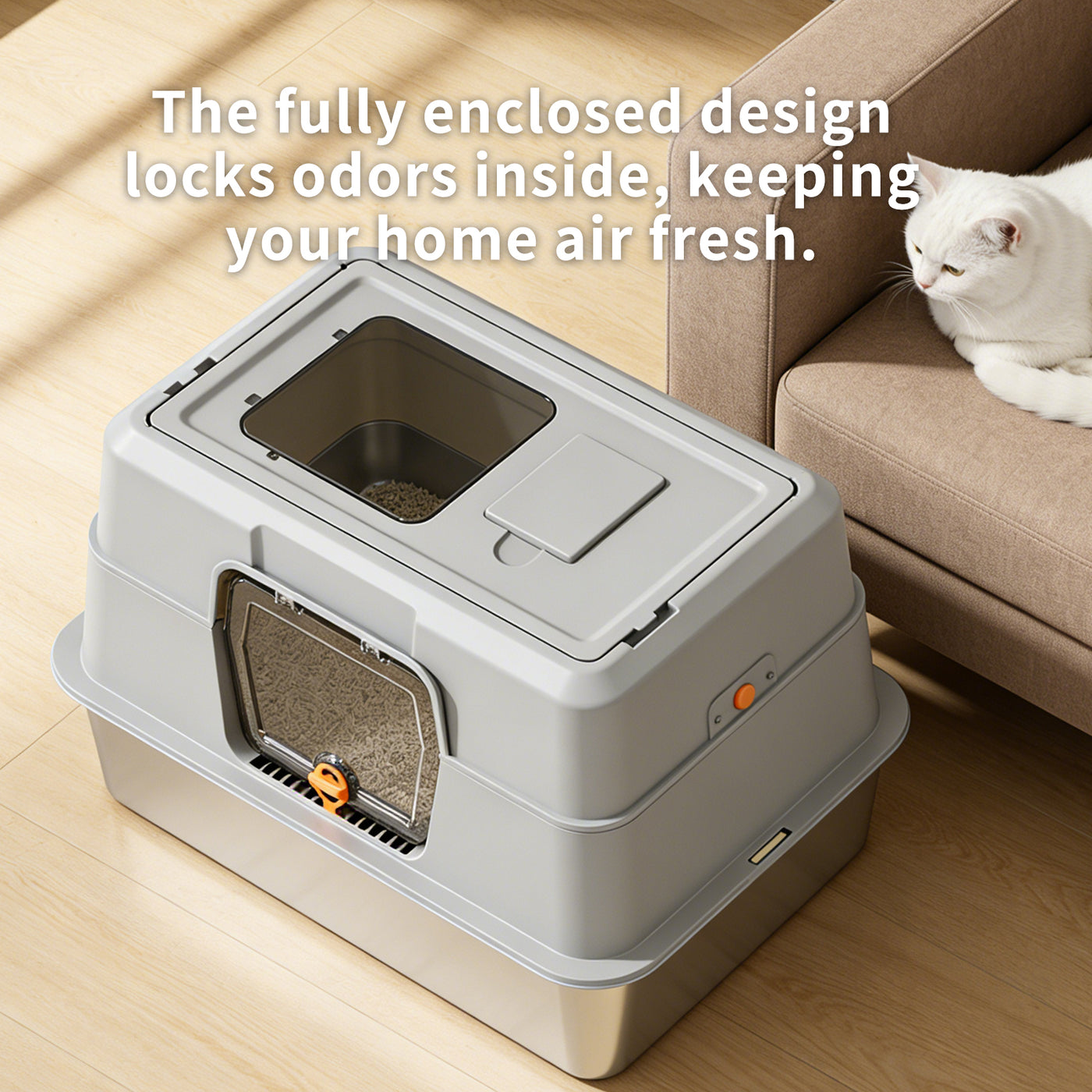 Fully Enclosed Stainless Steel Cat Litter Box 23.6in x 15.75in x 15.75in with Front Door & Top Entry