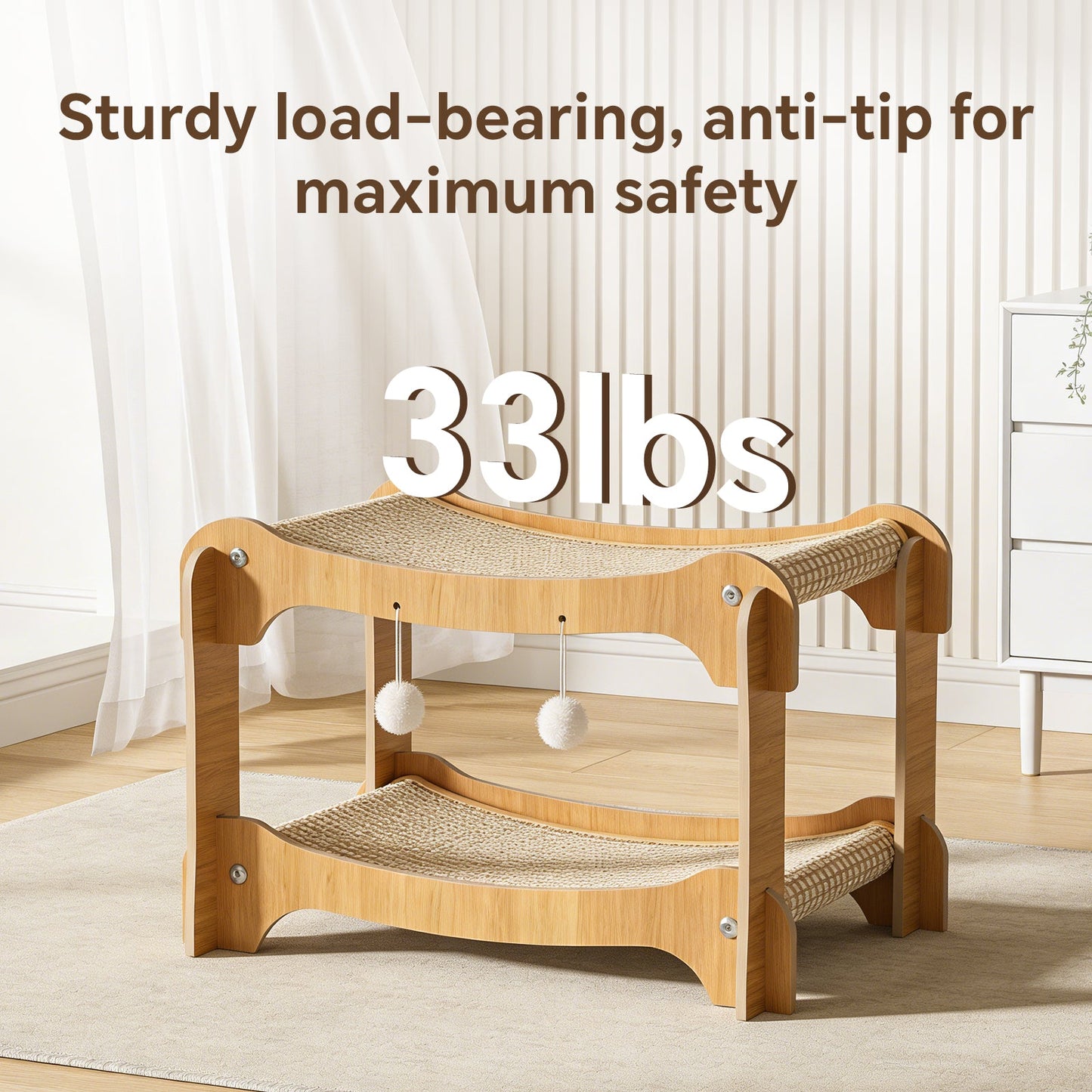Double-Decker Wooden Sisal Cat Scratcher Bed & Hammock
