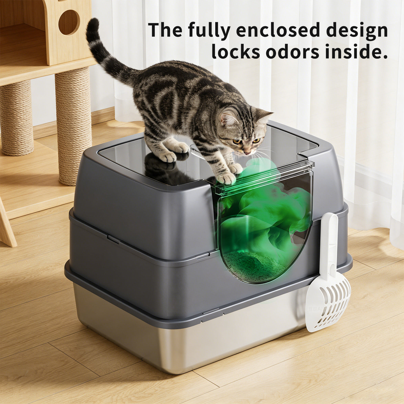 Fully Enclosed Cat Litter Box with Stainless Steel TrayOdor-Locking Detachable Top