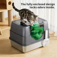Fully Enclosed Cat Litter Box with Stainless Steel TrayOdor-Locking Detachable Top