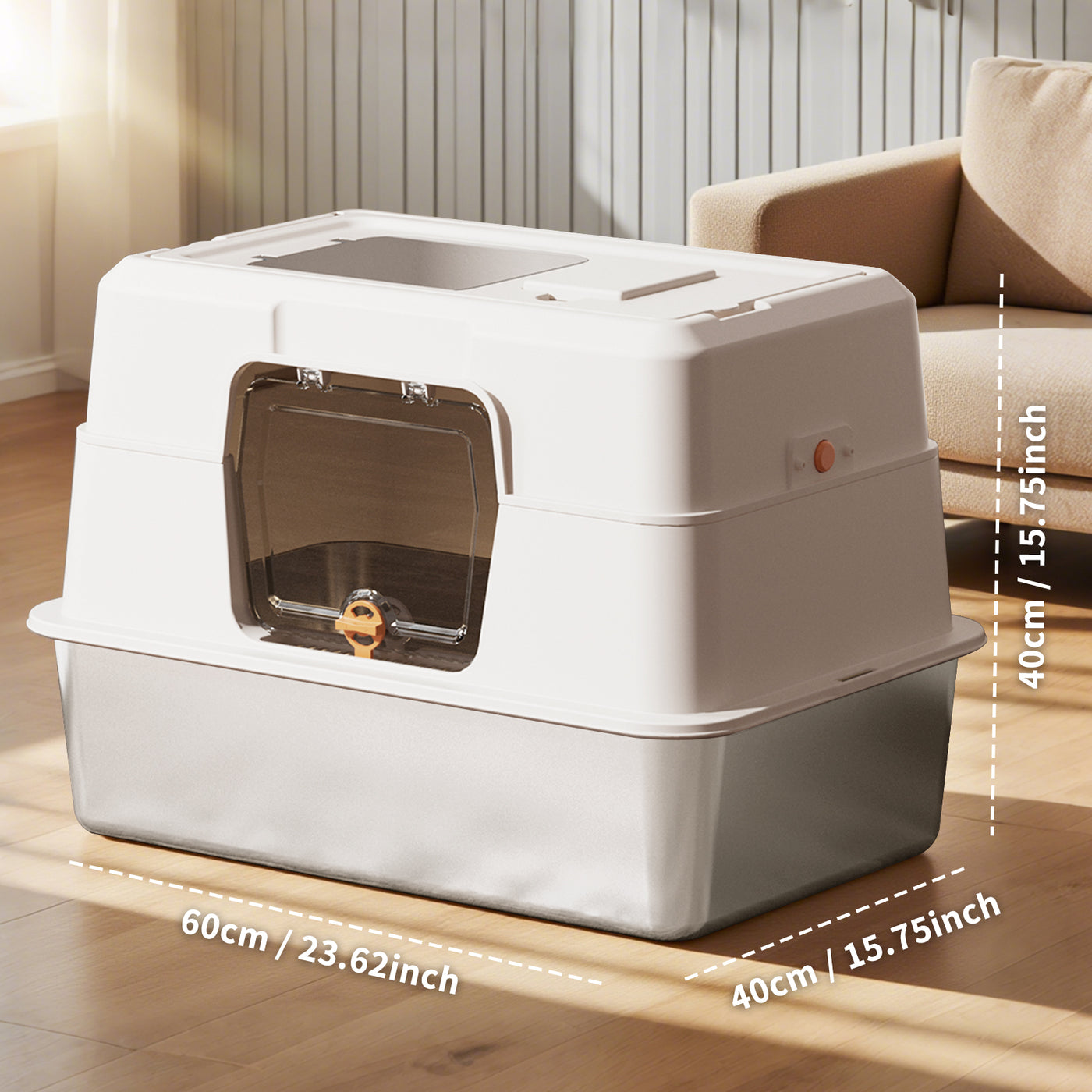 Fully Enclosed Stainless Steel Cat Litter Box 23.6in x 15.75in x 15.75in with Front Door & Top Entry