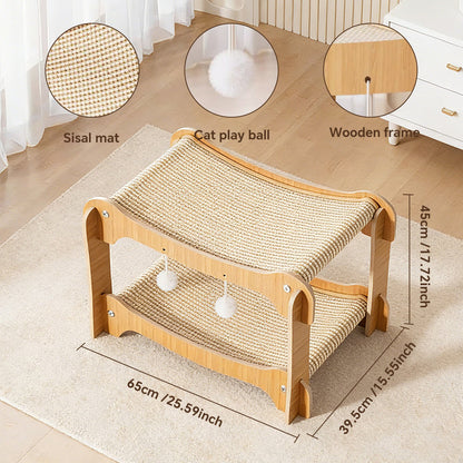Double-Decker Wooden Sisal Cat Scratcher Bed & Hammock