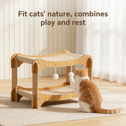Double-Decker Wooden Sisal Cat Scratcher Bed & Hammock