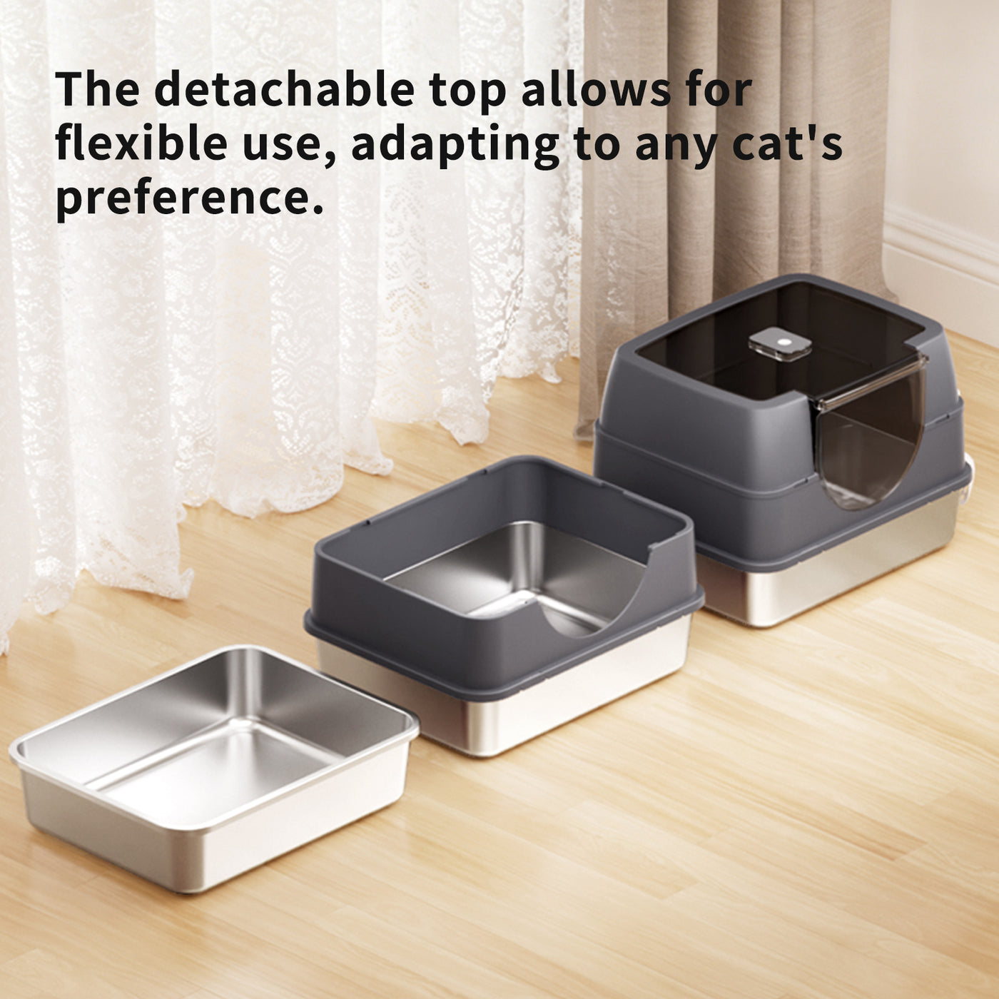 Fully Enclosed Cat Litter Box with Stainless Steel TrayOdor-Locking Detachable Top