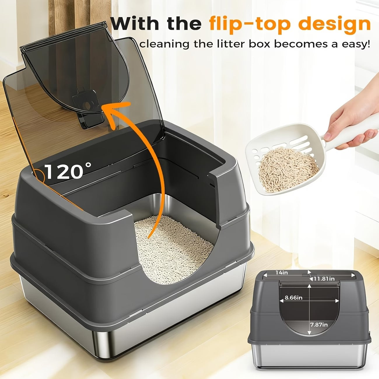 Fully Enclosed Cat Litter Box with Stainless Steel TrayOdor-Locking Detachable Top