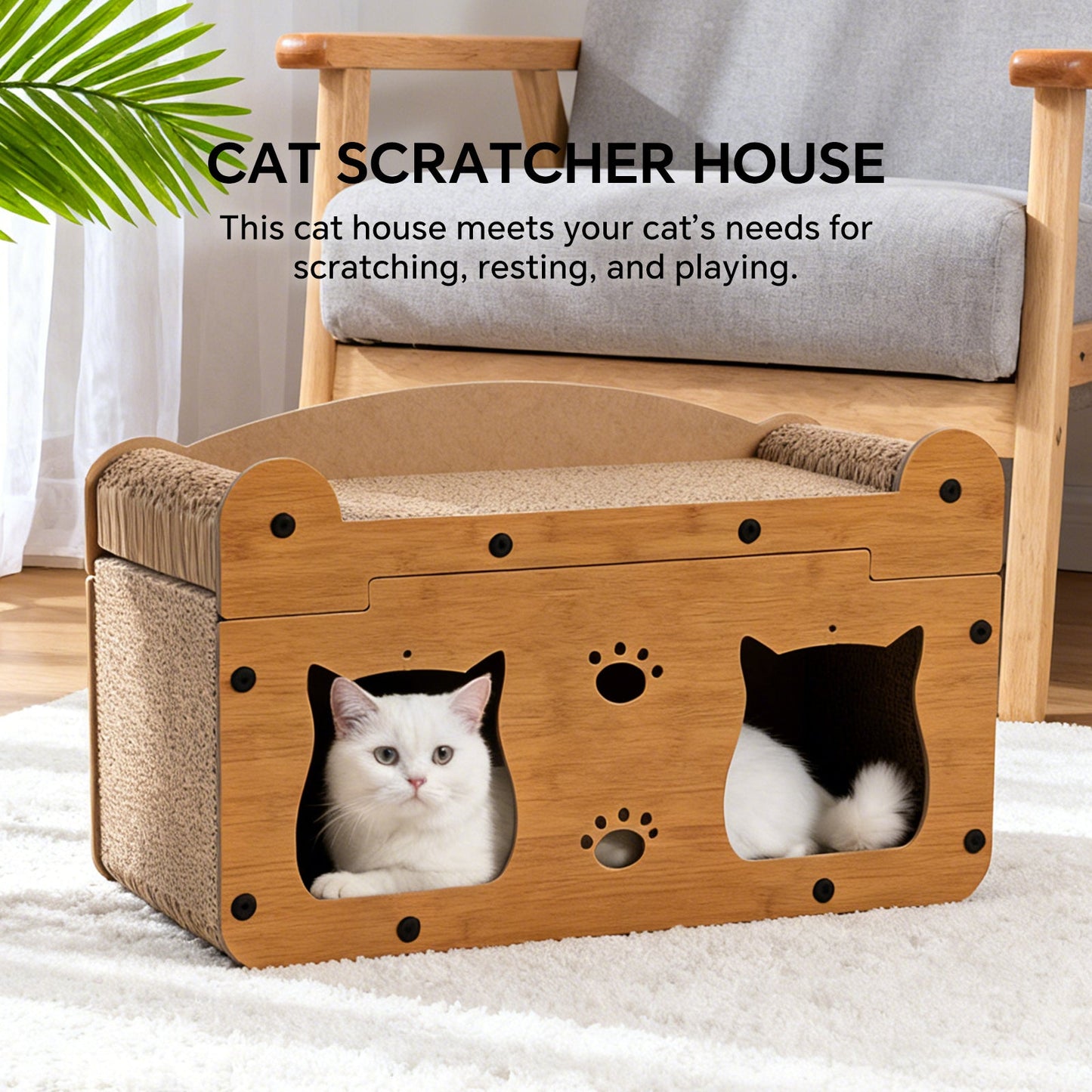 Walnut Wood Cat Head Cardboard Scratcher House & Lounge Bed