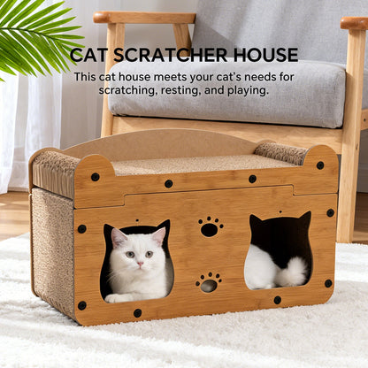Walnut Wood Cat Head Cardboard Scratcher House & Lounge Bed