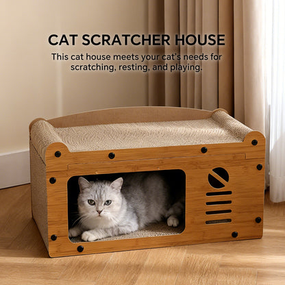 Premium Walnut Wood TV Cat Scratcher House & Lounge Bed