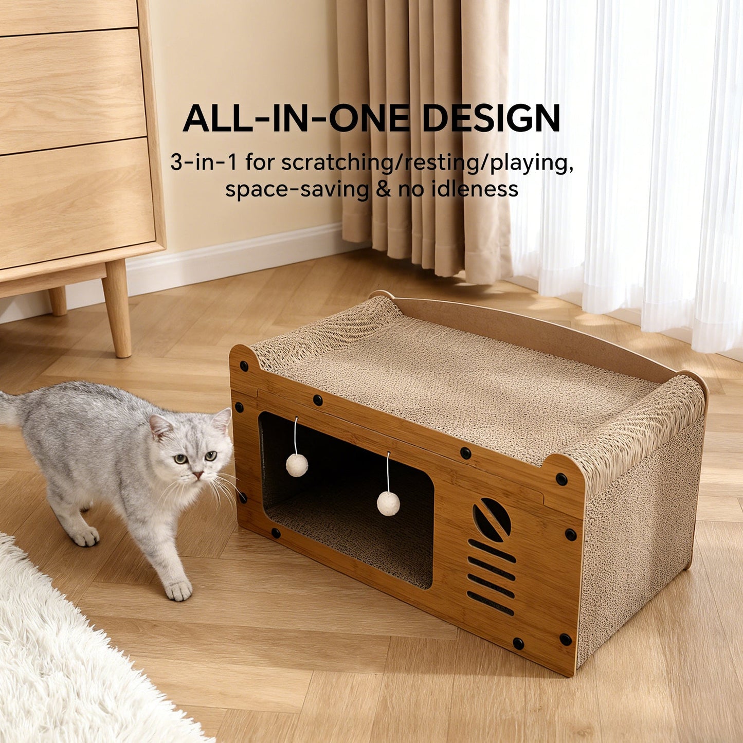 Premium Walnut Wood TV Cat Scratcher House & Lounge Bed