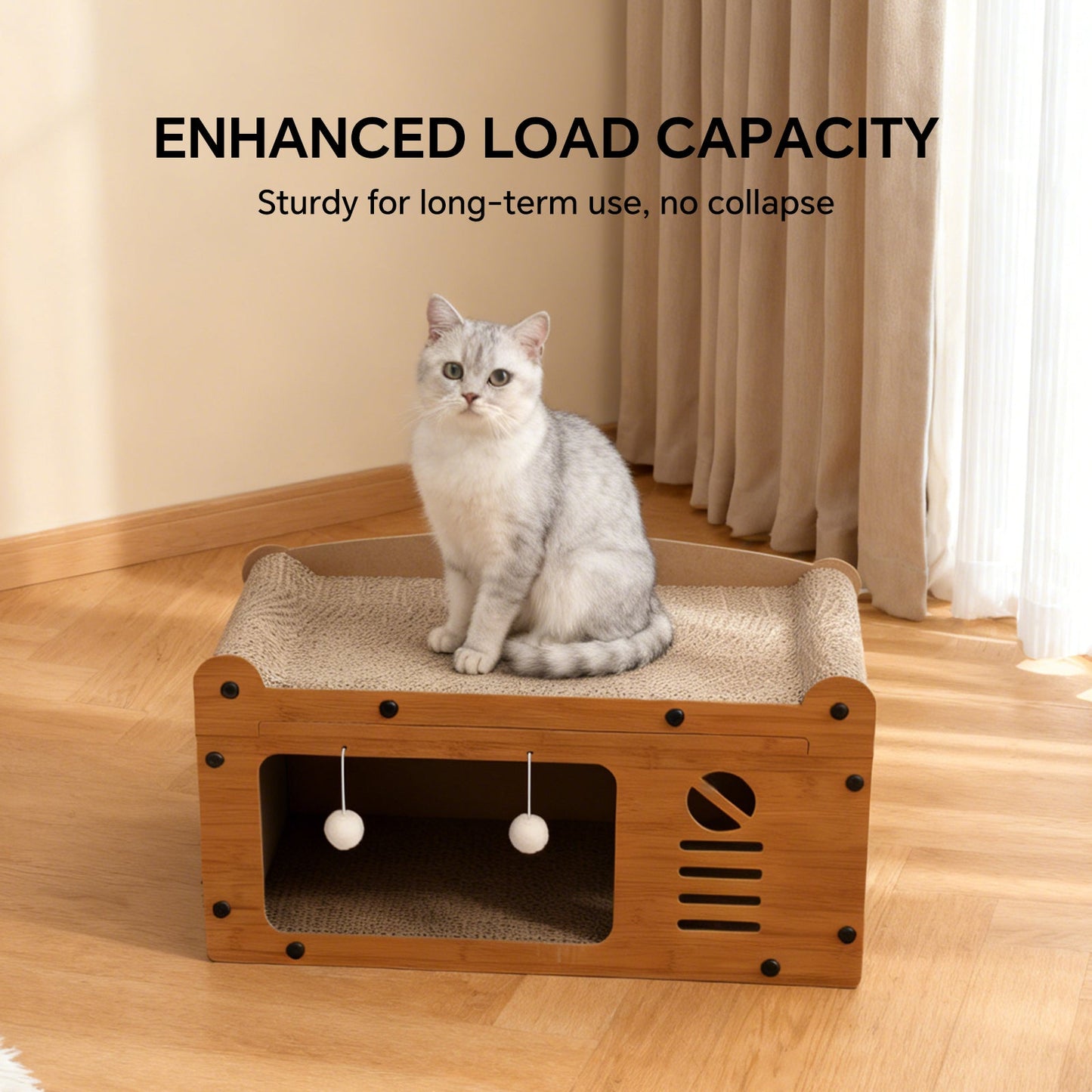Premium Walnut Wood TV Cat Scratcher House & Lounge Bed