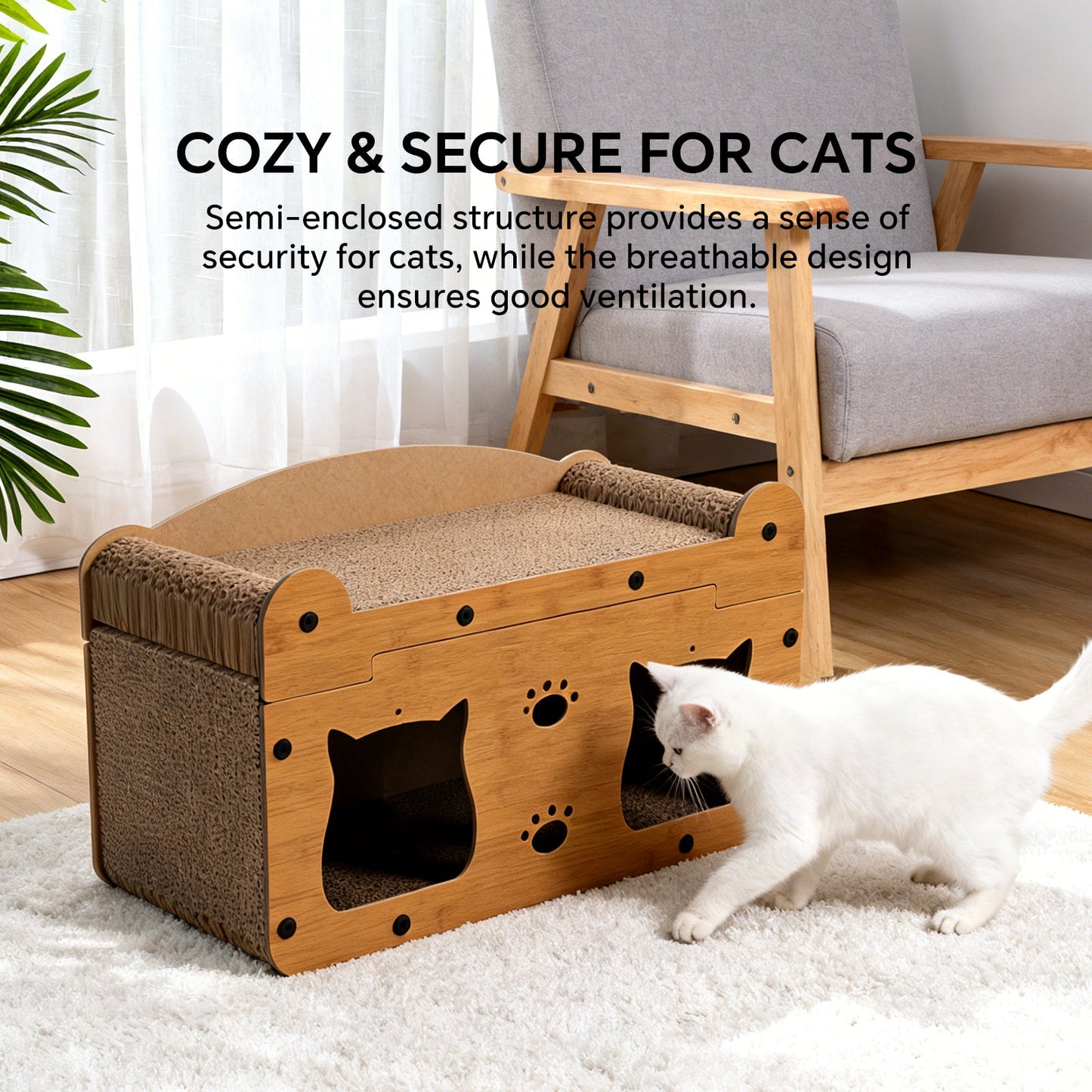 Walnut Wood Cat Head Cardboard Scratcher House & Lounge Bed