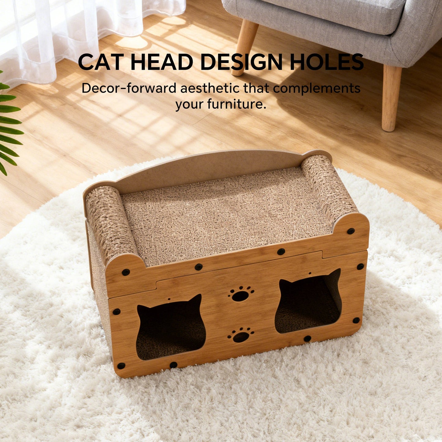 Walnut Wood Cat Head Cardboard Scratcher House & Lounge Bed