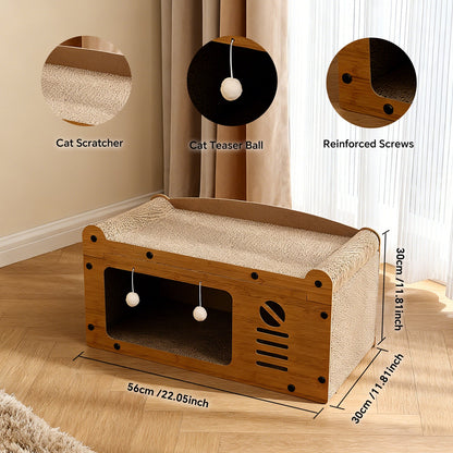 Premium Walnut Wood TV Cat Scratcher House & Lounge Bed