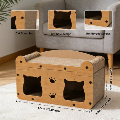 Walnut Wood Cat Head Cardboard Scratcher House & Lounge Bed