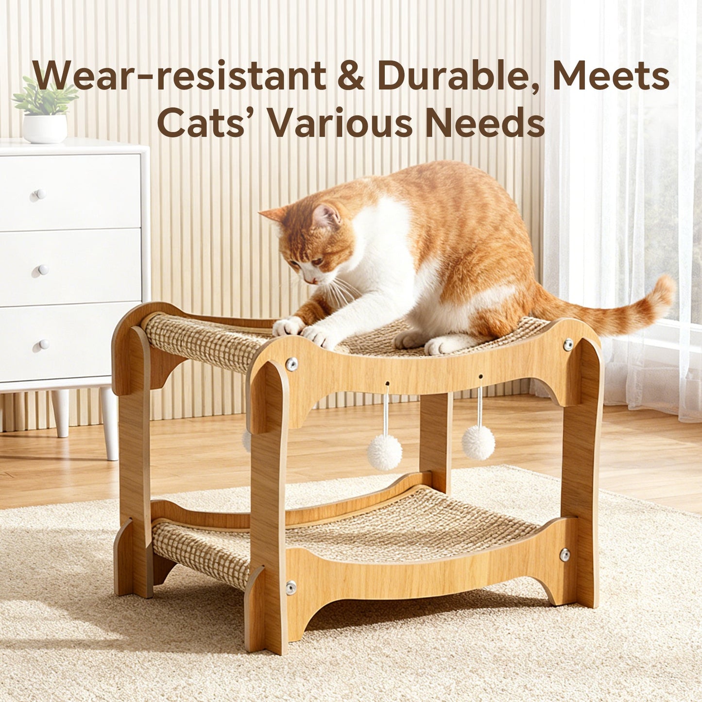 Double-Decker Wooden Sisal Cat Scratcher Bed & Hammock