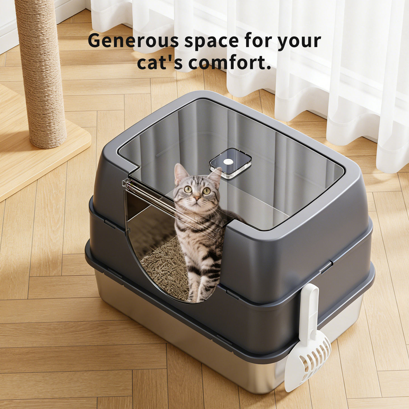 Fully Enclosed Cat Litter Box with Stainless Steel TrayOdor-Locking Detachable Top