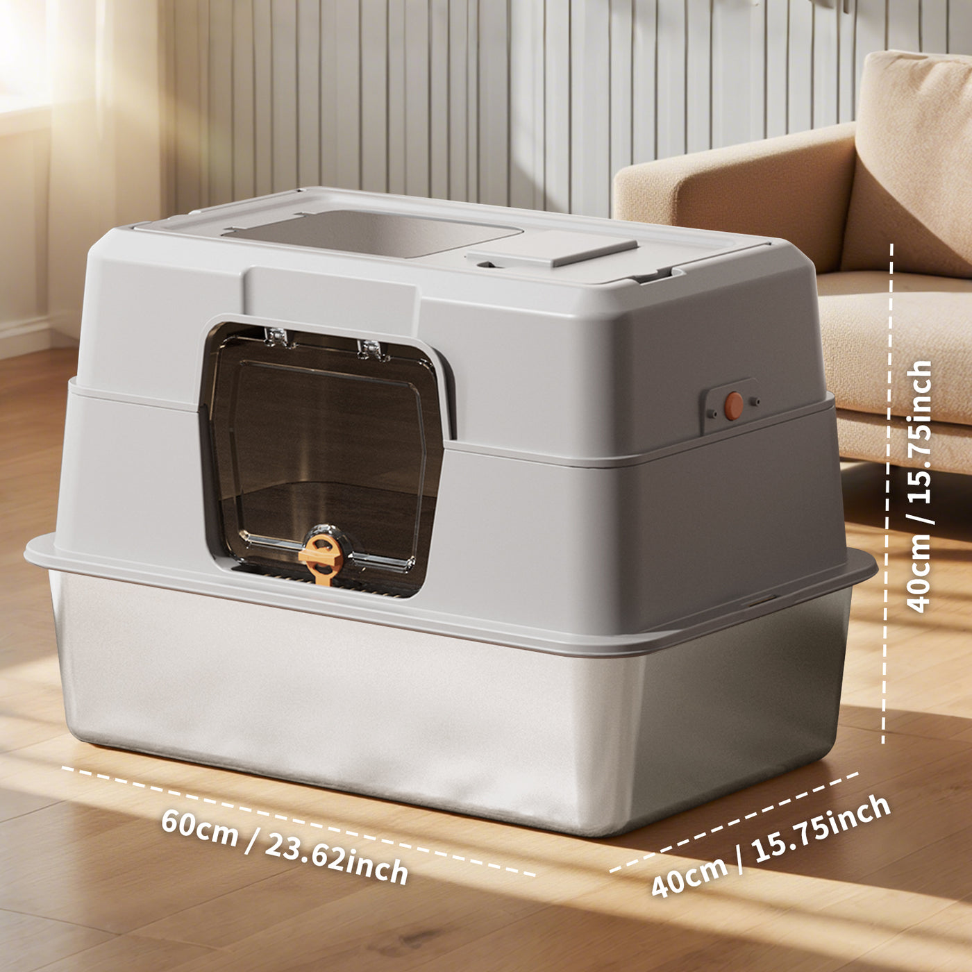 Fully Enclosed Stainless Steel Cat Litter Box 23.6in x 15.75in x 15.75in with Front Door & Top Entry
