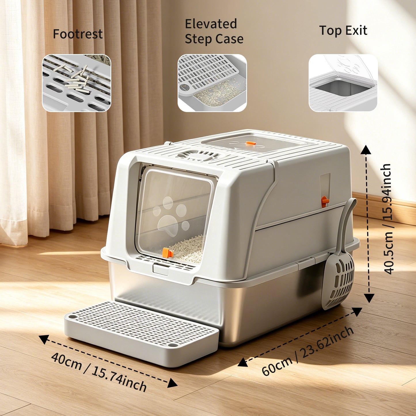 Enclosed Stainless Steel Cat Litter Box with Anti-Splash Step, Odor Control, Easy-Clean Design for All Cat Sizes