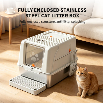 Enclosed Stainless Steel Cat Litter Box with Anti-Splash Step, Odor Control, Easy-Clean Design for All Cat Sizes