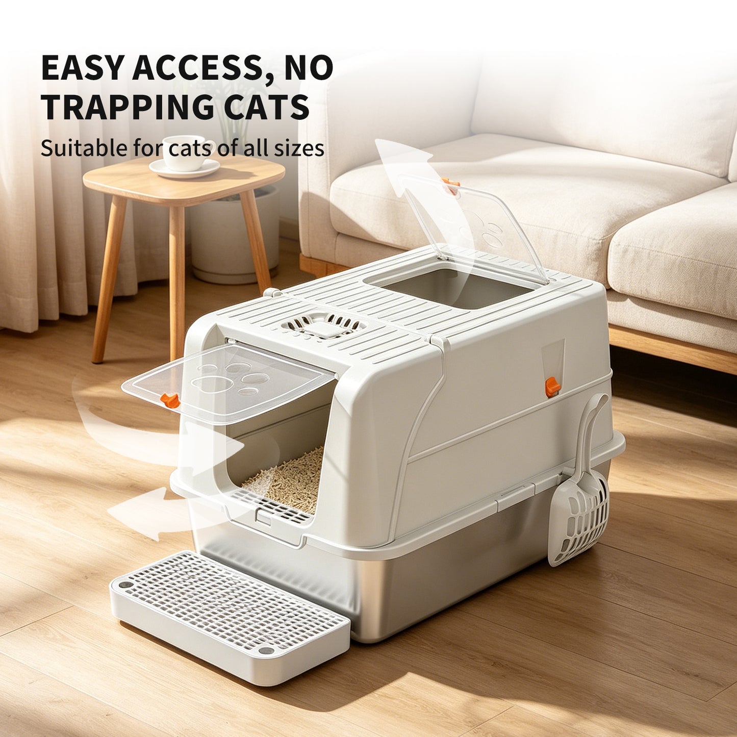 Enclosed Stainless Steel Cat Litter Box with Anti-Splash Step, Odor Control, Easy-Clean Design for All Cat Sizes