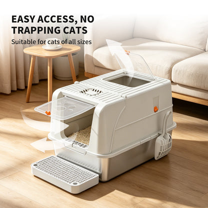 Enclosed Stainless Steel Cat Litter Box with Anti-Splash Step, Odor Control, Easy-Clean Design for All Cat Sizes