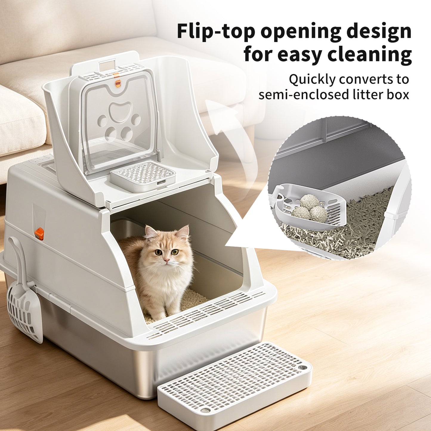 Enclosed Stainless Steel Cat Litter Box with Anti-Splash Step, Odor Control, Easy-Clean Design for All Cat Sizes