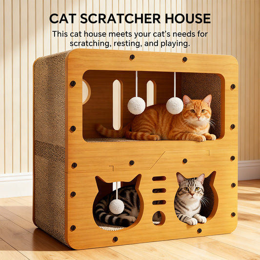 Multi-Level Cat Scratcher House with Bed & Interactive Teaser Balls - 45cm
