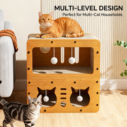 Double-Decker Wooden Cat Head Scratcher House & Lounge Nest