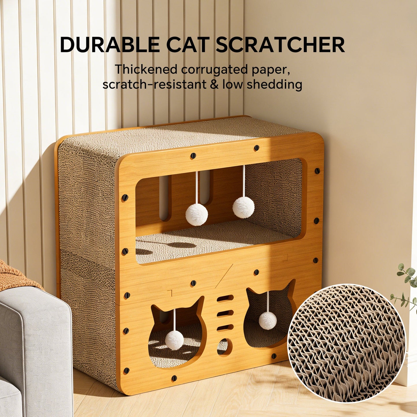 Double-Decker Wooden Cat Head Scratcher House & Lounge Nest