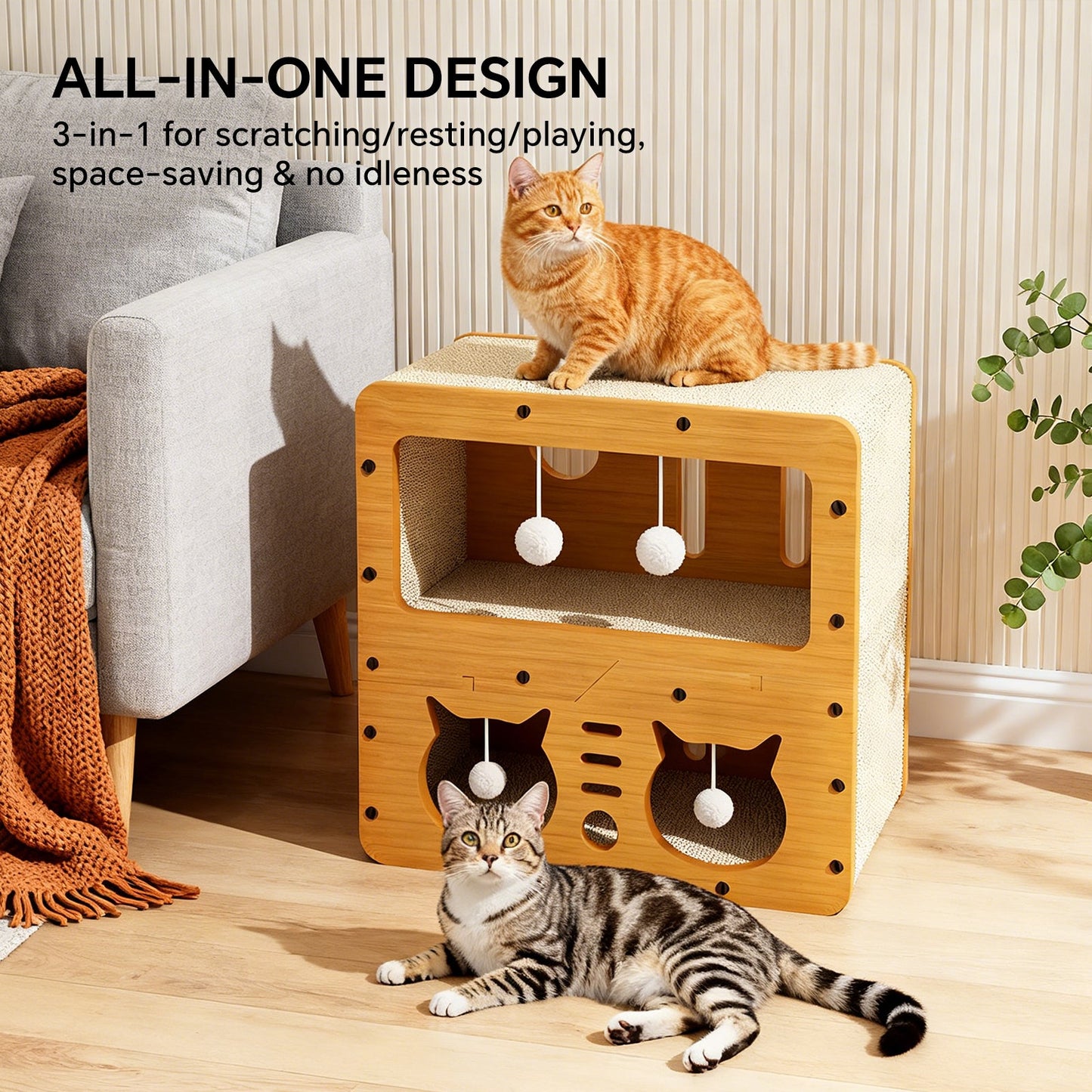 Double-Decker Wooden Cat Head Scratcher House & Lounge Nest