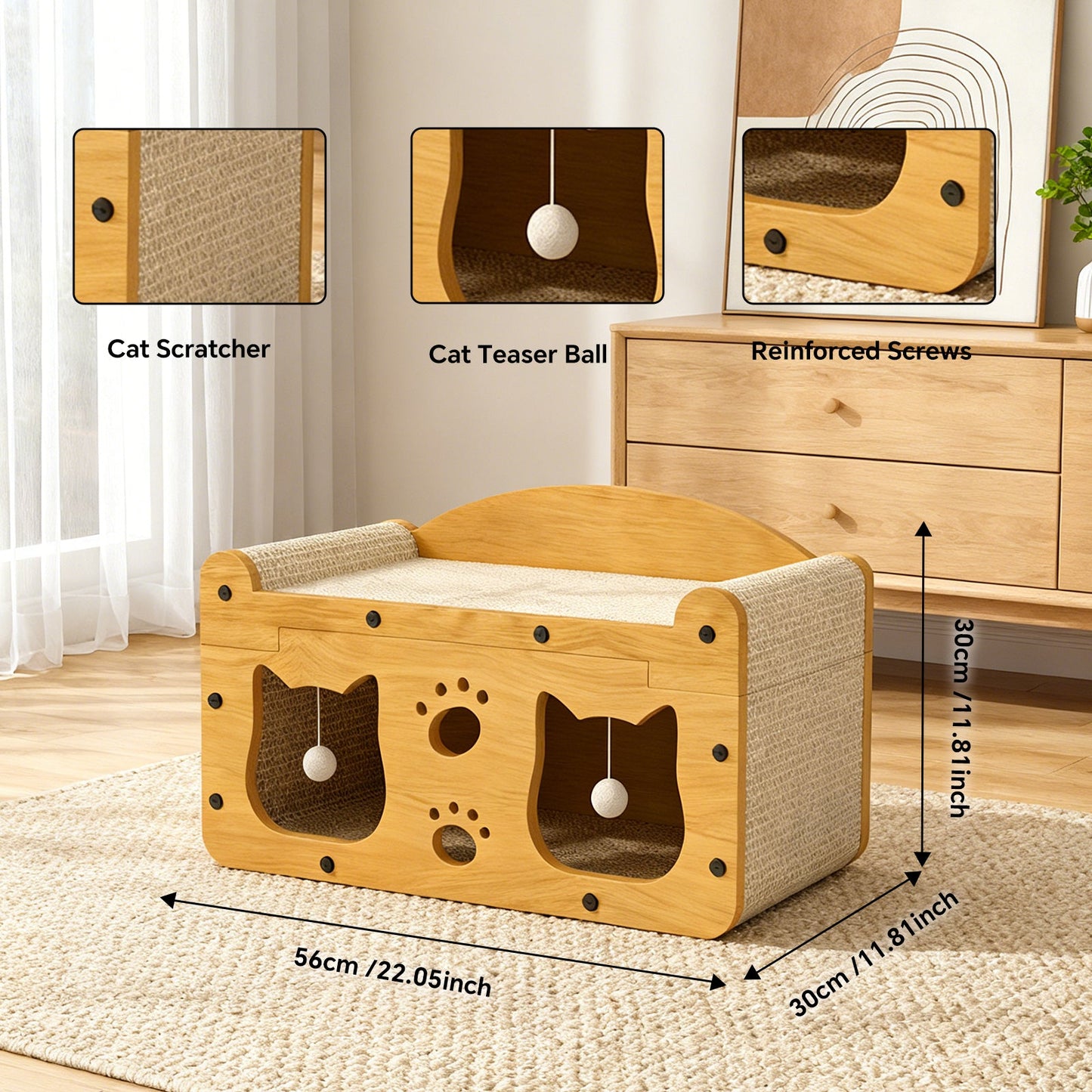 Minimalist Wood Cat Head Cardboard Scratcher House & Lounge