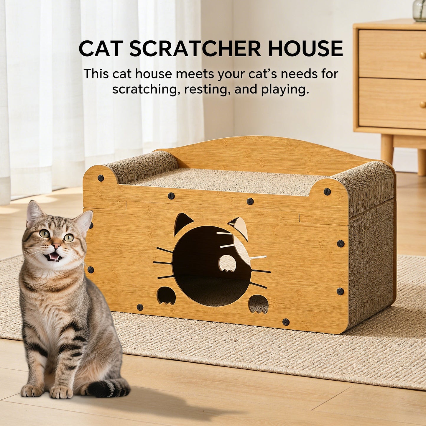 Whiskered Cat Cardboard Scratcher House & Ergonomic Lounge Bed