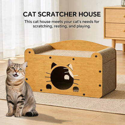 Whiskered Cat Cardboard Scratcher House & Ergonomic Lounge Bed