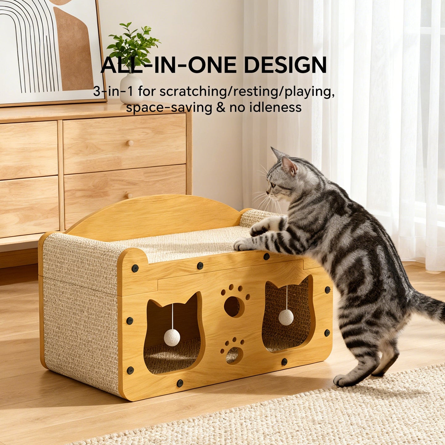 Minimalist Wood Cat Head Cardboard Scratcher House & Lounge