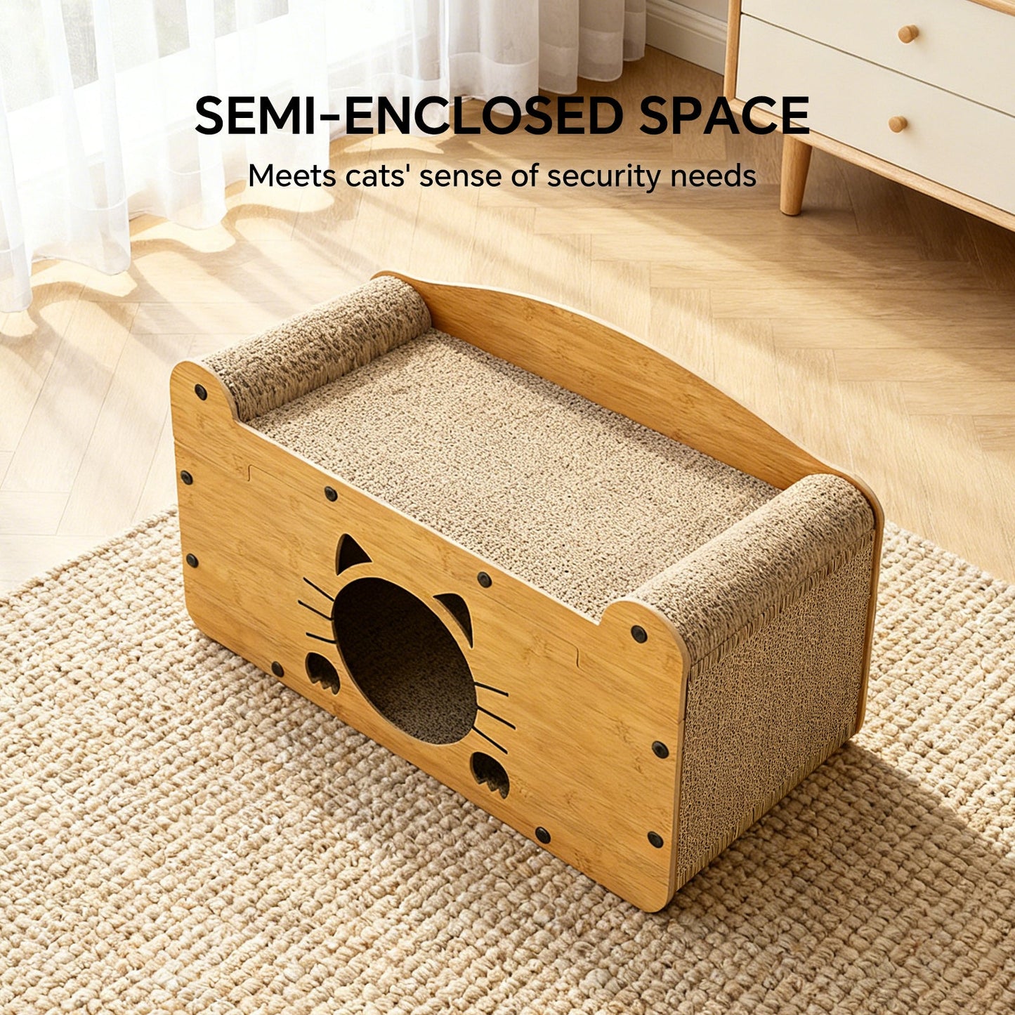 Whiskered Cat Cardboard Scratcher House & Ergonomic Lounge Bed