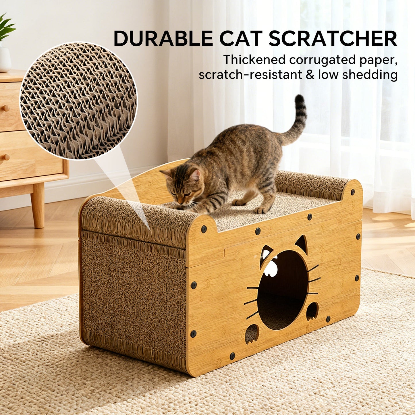 Whiskered Cat Cardboard Scratcher House & Ergonomic Lounge Bed