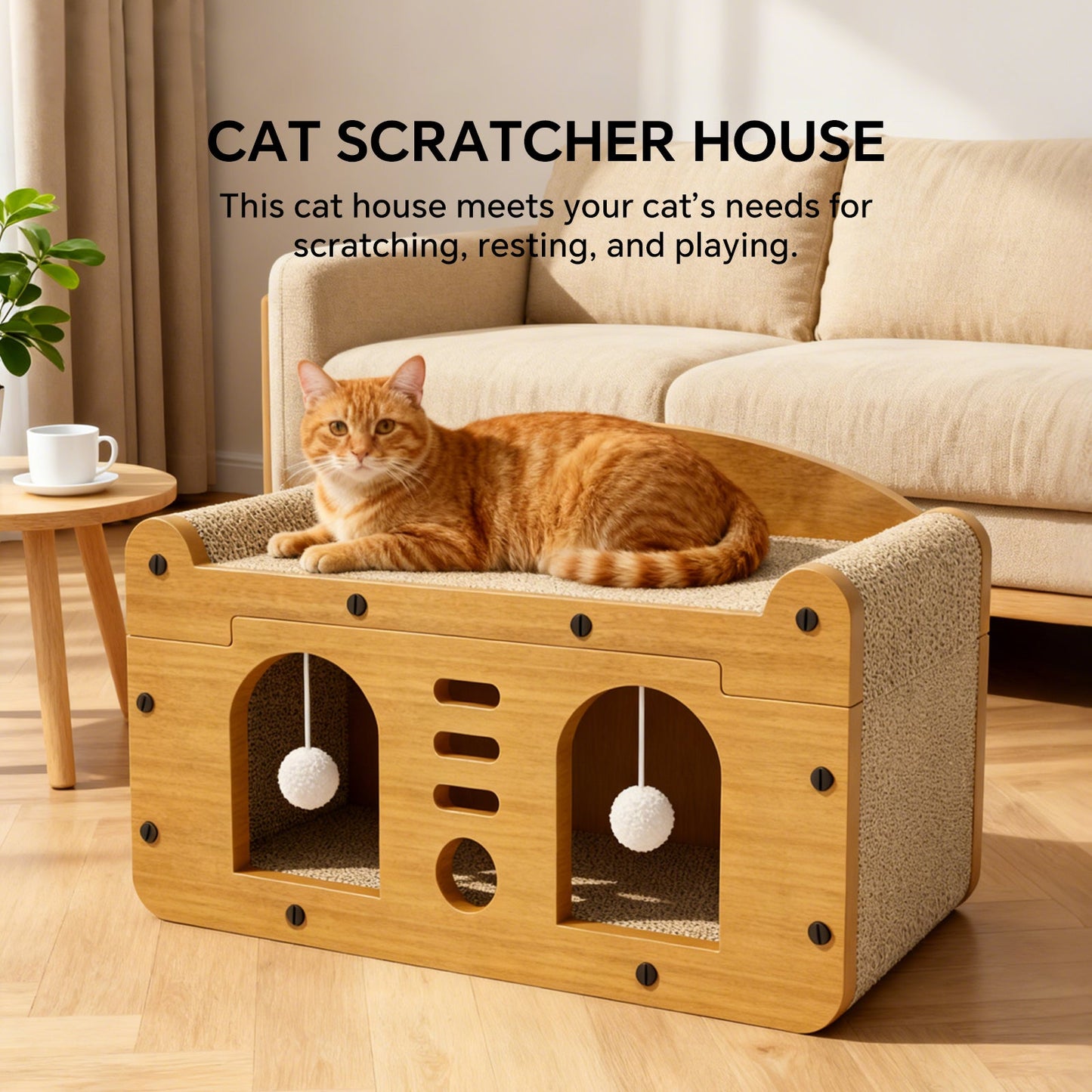 Modern Dual-Door Cardboard Cat Scratcher House & Lounge Bed