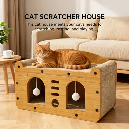 Modern Dual-Door Cardboard Cat Scratcher House & Lounge Bed