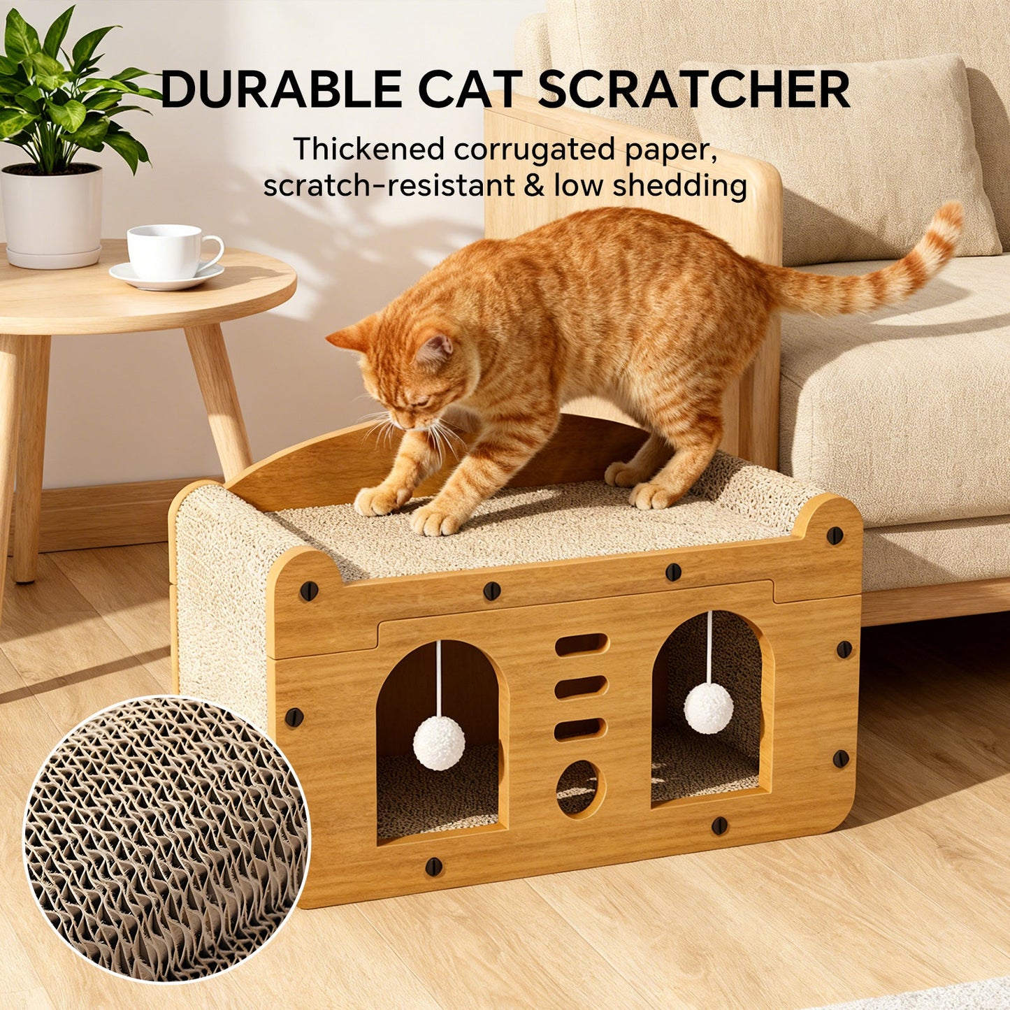 Modern Dual-Door Cardboard Cat Scratcher House & Lounge Bed
