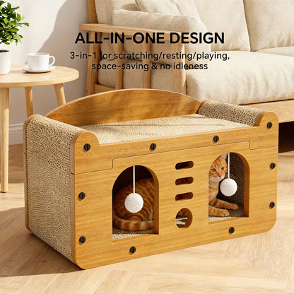 Modern Dual-Door Cardboard Cat Scratcher House & Lounge Bed