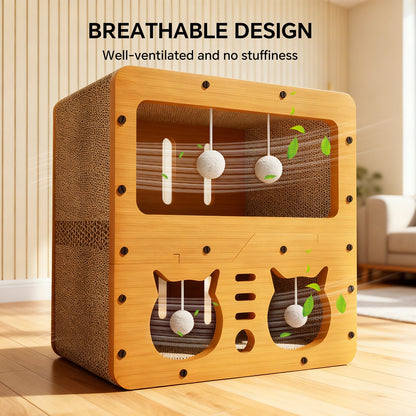 Double-Decker Wooden Cat Head Scratcher House & Lounge Nest
